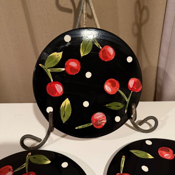 Set of 3 Hand Painted Black Cherry Dessert Appetizer Plates or Trivets - Picture 3 of 3